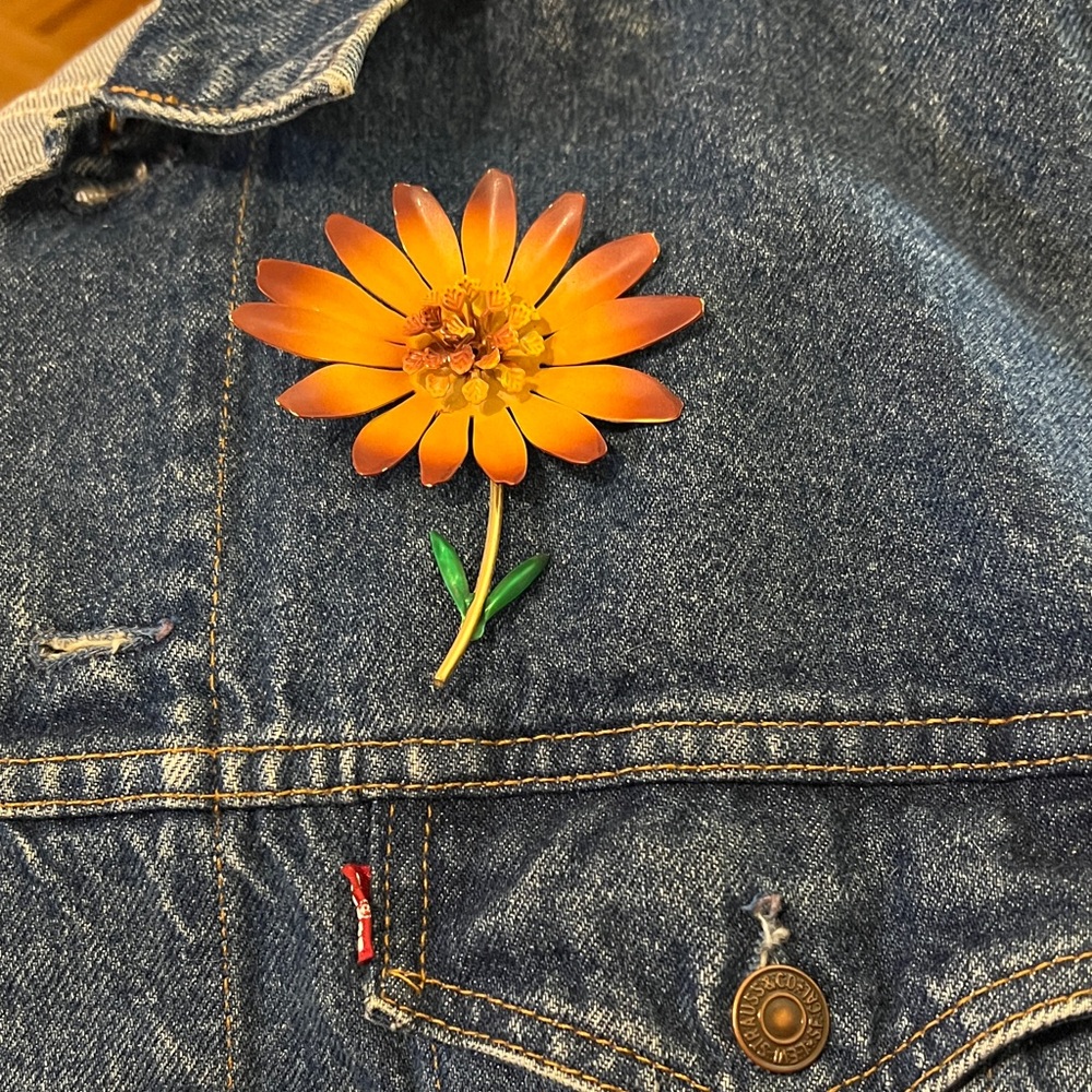 Orange Enameled Flower Brooch